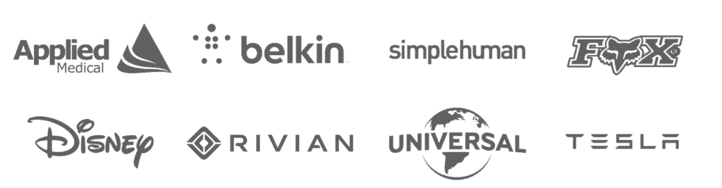logos for disney, rivian, universal studios, tesla, fox racing, simplehuman, belkin, and applied medical